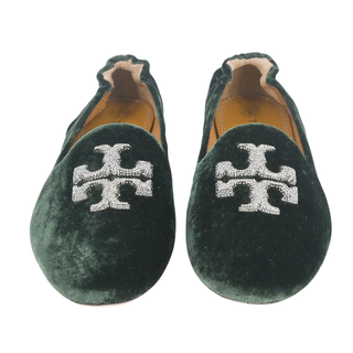 TORY BURCH | Green Velvet Logo Embellished Loafers