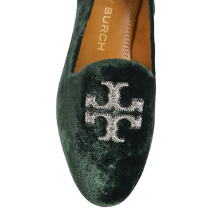 TORY BURCH | Green Velvet Logo Embellished Loafers