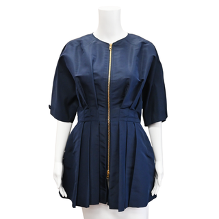 Navy Silk Zip Short-Sleeve Jacket