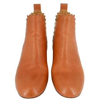 CHLOE | Tan Leather Scalloped-Trim Ankle Booties
