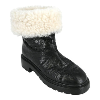 CHANEL | Crackled Leather Shearling-Trim CC Booties