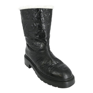 CHANEL | Crackled Leather Shearling-Trim CC Booties