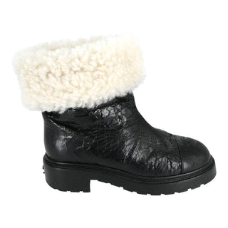 CHANEL | Crackled Leather Shearling-Trim CC Booties
