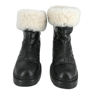 CHANEL | Crackled Leather Shearling-Trim CC Booties