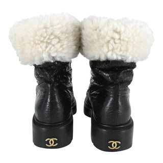 CHANEL | Crackled Leather Shearling-Trim CC Booties
