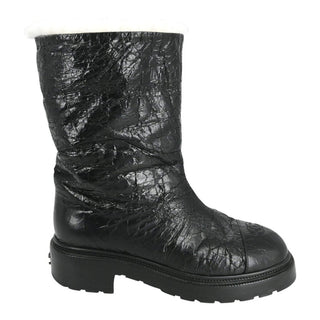 CHANEL | Crackled Leather Shearling-Trim CC Booties