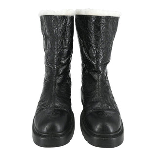 CHANEL | Crackled Leather Shearling-Trim CC Booties