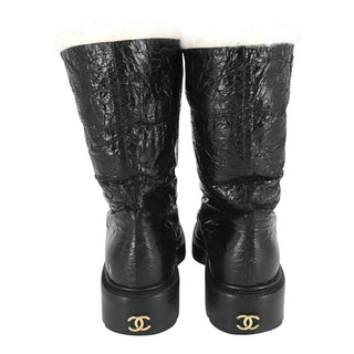 CHANEL | Crackled Leather Shearling-Trim CC Booties