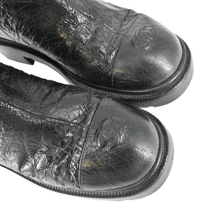 CHANEL | Crackled Leather Shearling-Trim CC Booties