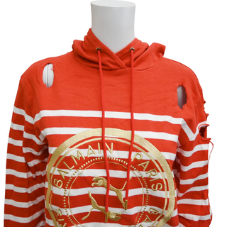 BALMAIN | Distressed Striped Logo Hoodie