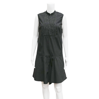 BRUNELLO CUCINELLI | Black Ruched Monili Cotton-Blend Dress