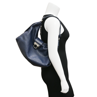 FERRAGAMO | Fanisa Navy Blue Pebbled Leather Hobo Bag