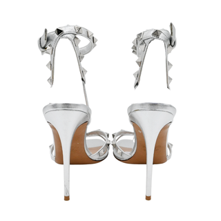 VALENTINO | Silver Metallic Rockstud Ankle T-Strap Heeled Sandals
