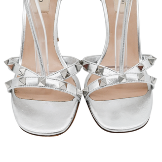 VALENTINO | Silver Metallic Rockstud Ankle T-Strap Heeled Sandals