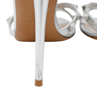 VALENTINO | Silver Metallic Rockstud Ankle T-Strap Heeled Sandals