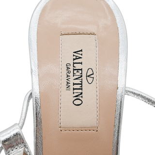VALENTINO | Silver Metallic Rockstud Ankle T-Strap Heeled Sandals