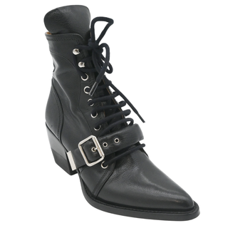CHLOE | Black Buckle Lace-Up Leather Booties