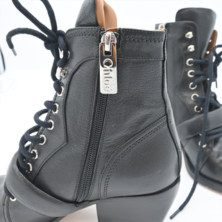 CHLOE | Black Buckle Lace-Up Leather Booties