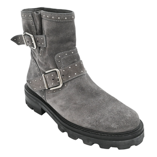 JIMMY CHOO | Gray Suede Studded Buckled Booties