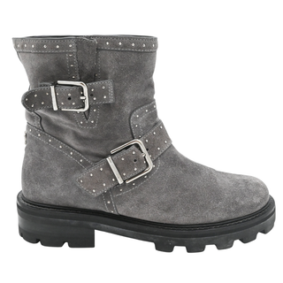 JIMMY CHOO | Gray Suede Studded Buckled Booties