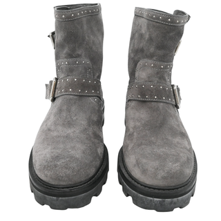 JIMMY CHOO | Gray Suede Studded Buckled Booties