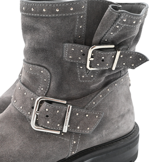 Gray Suede Studded Buckled Booties