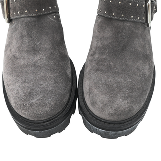 Gray Suede Studded Buckled Booties