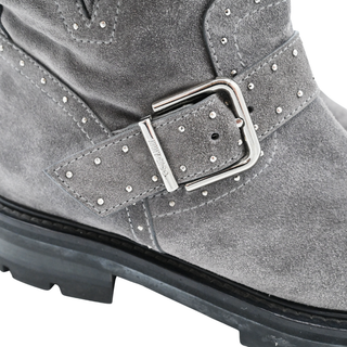 JIMMY CHOO | Gray Suede Studded Buckled Booties