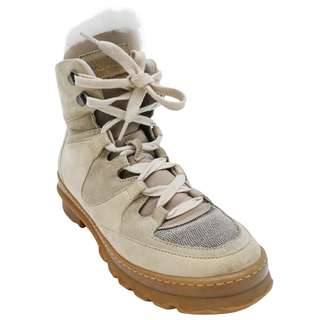 BRUNELLO CUCINELLI | Beige Suede Monili Combat Booties