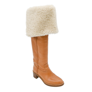 CELINE | Tan Leather Shearling-Trim Boots