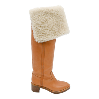 CELINE | Tan Leather Shearling-Trim Boots