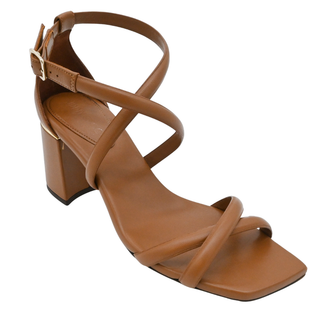 JIMMY CHOO | Rheea Tan Leather Crisscross Block-Heel Sandals