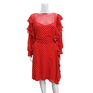 CH CAROLINA HERRERA | Red Polka-Dot Ruffle 2PC Belted Dress