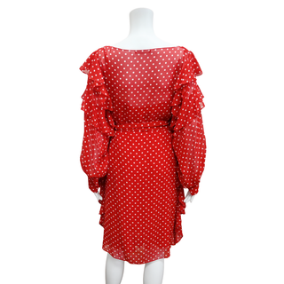 CH CAROLINA HERRERA | Red Polka-Dot Ruffle 2PC Belted Dress