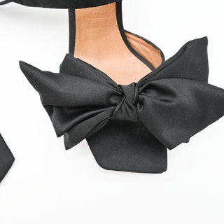 GANNI | Black Bow Satin Ankle Wrap Heels