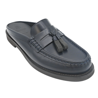 BRUNELLO CUCINELLI | Blue Leather Monili Tassel Slide Loafers