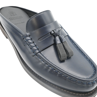 BRUNELLO CUCINELLI | Blue Leather Monili Tassel Slide Loafers