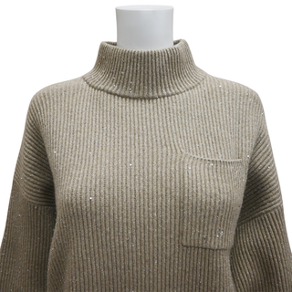 BRUNELLO CUCINELLI | Dark Beige Sequin Ribbed-Knit Sweater