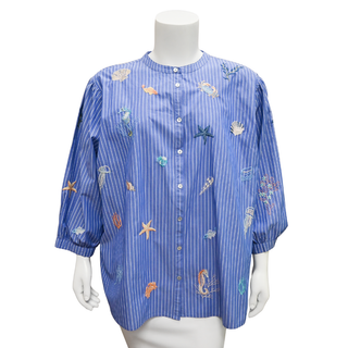 JOHNNY WAS WORKSHOP | Striped Embroidered Sea Life Button-Down Blouse