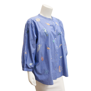 JOHNNY WAS WORKSHOP | Striped Embroidered Sea Life Button-Down Blouse