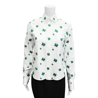 DIOR | White Poplin Green Clover Embroidered Blouse