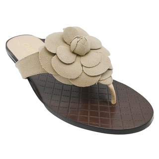 CHANEL | Khaki Canvas Camellia Thong Sandals