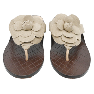 CHANEL | Khaki Canvas Camellia Thong Sandals