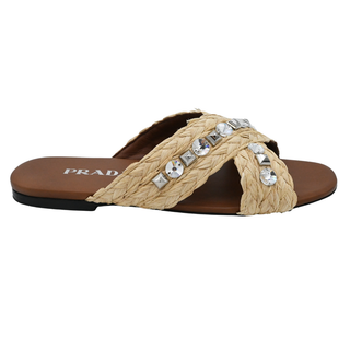 PRADA | Jeweled Raffia Flat Slide Sandals