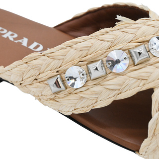 PRADA | Jeweled Raffia Flat Slide Sandals