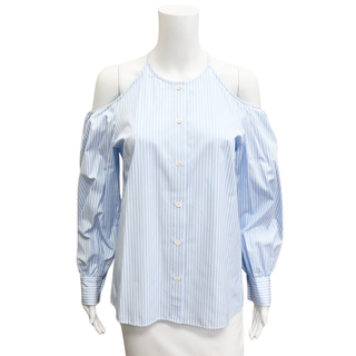 STELLA MCCARTNEY | Light Blue Striped Cold Shoulder Top