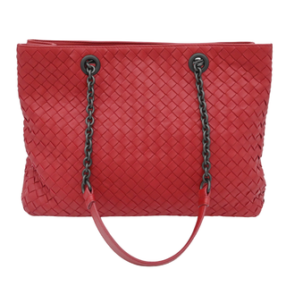 BOTTEGA VENETA | Red Intrecciato Nappa Chain Tote Bag