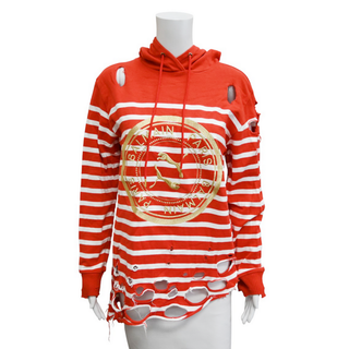 BALMAIN | Distressed Striped Logo Hoodie