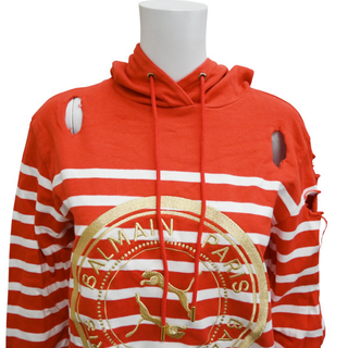 BALMAIN | Distressed Striped Logo Hoodie