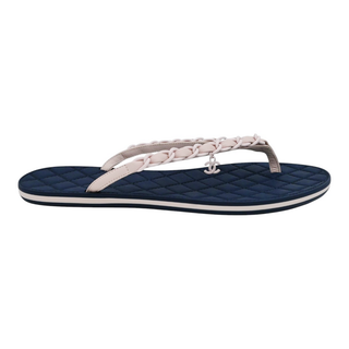 CHANEL | Navy Rubber Quilted Chain Colorblock Thong Sandals